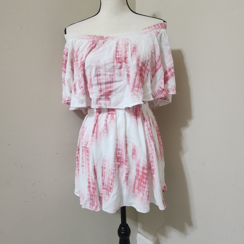 Show Me Your MuMu Pink and White Off-Shoulder Mini Dress